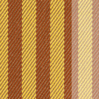 Woven textile, “Voulez Vous” Girasole fabric by miniforms, features yellow and terracotta vertical stripes with a dense, diagonal weave.